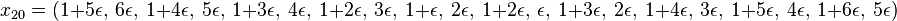 x_{20} = (1+5\epsilon,\ 6\epsilon,\ 1+4\epsilon,\ 5\epsilon,\ 1+3\epsilon,\ 4\epsilon,\ 1+2\epsilon,\ 3\epsilon,\ 1+\epsilon,\ 2\epsilon,\ 1+2\epsilon,\ \epsilon,\ 1+3\epsilon,\ 2\epsilon,\ 1+4\epsilon,\ 3\epsilon,\ 1+5\epsilon,\ 4\epsilon,\ 1+6\epsilon,\ 5\epsilon)