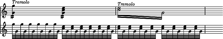 
\relative c'' << { \override Score.TimeSignature #'stencil = ##f } \time 2/4 \new staff { <g g'>4:16 ^\markup { \italic Tremolo } <e' c g>:16 | \repeat tremolo 4 { <c e>16^\markup { \italic Tremolo } g } | s4 } \new staff { g'32*8/12 g, g' g, g' g, g' g, g' g, g' g, <c e>32*8/12 g <c e> g <c e> g <c e> g <c e> g <c e> g | <c e>32 g <c e> g <c e> g <c e> g <c e> g <c e> g <c e> g <c e> g | s4 } >>
