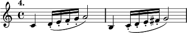 
%etude4
\relative c'
{  
\time 4/4 
\tempo "4."
c4 d16-. (e-. f-. g-. a2) |
b,4 c16-. (d-. e-. fis-. g2)

}

