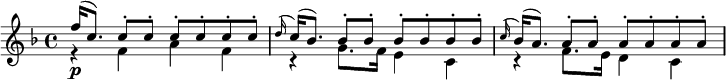 
\new Staff <<
  \new Voice \relative c'' {
    \key f \major
    \voiceOne
    f16(\p c8.) \repeat unfold 6 { c8-. } |
    \appoggiatura d16 c( bes8.) \repeat unfold 6 { bes8-. } |
    \appoggiatura c16 bes( a8.) \repeat unfold 6 { a8-. } |
  }
  \new Voice \relative c' {
    \voiceTwo
    r4 f a f |
    r4 g8. f16 e4 c |
    r4 f8. e16 d4 c |
  }
>>
