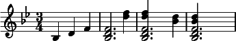 {\set Staff.midiInstrument = #"brass section" \key g \minor \time 3/4 bes d' f' <<{<bes d' f'>2.} {\skip2 <d'' f''>4}>> <<{<bes d' f'>2.} {<d'' f''>4 \skip4 <bes' d''>4}>> <<{<bes d' f'>2.} {<bes' d''>4} \skip2>> }