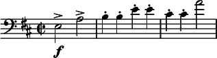  \relative c { \clef bass \key d \major \time 2/2 e2\f-> a-> | b4-. b-. e-. e-. | cis-. cis-. | a'2 } 