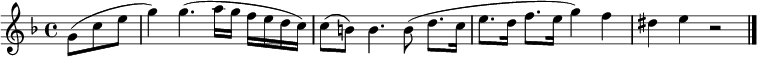 
\relative c'' {
  \key f \major
  \partial 4. g8( c e |
  g4) g4.( a16 g f e d c) |
  c8( b) b4. b8( d8. c16 |
  e8. d16 f8. e16 g4) f |
  dis4 e r2 | \bar "|."
}
