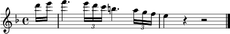 
\relative c''' {
  \key f \major
  \partial 8 d16 e |
  f4. \times 2/3 { e16 d c } b4. \times 2/3 { a16 g f } |
  e4 r r2 | \bar "|."
}
