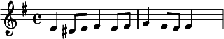 {\set Staff.midiInstrument = #"tubular bells" \key g \major e'4 dis'8 e'8 fis'4 e'8 fis'8 g'4 fis'8 e'8 fis'4 \skip4}