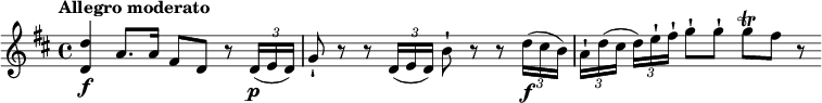 
\relative c'' {
  \key d \major
  \tempo "Allegro moderato"
  <d d,>4\f a8. a16 fis8 d r \times 2/3 {d16\p( e d)} | g8-| r r \times 2/3 {d16( e d)} | b'8-| r r \times 2/3 {d16\f (cis b)} | \times 2/3 {a16-|[ d( cis]} \times 2/3{d)[ e-| fis-|]} g8-| g-| g\trill fis r
}
