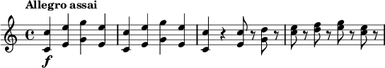 
\relative c'' {
  \tempo "Allegro assai"
  <c c,>4\f <e e,> <g g,> <e e,> |
  <c c,>4 <e e,> <g g,> <e e,> |
  <c c,>4 r <c e,>8 r <d g,> r |
  <e c>8 r <f d> r <g e> r <e c> r |
}
