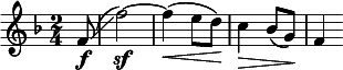  \relative c' { \clef treble \time 2/4 \key f \major \partial 8*1 f8\f\glissando( | f'2)~\sf | f4\<( e8 d)\! | c4\> bes8( g)\! | f4 } 