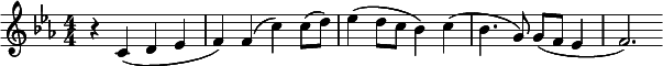  \relative c' { \clef treble \numericTimeSignature \time 4/4 \key c \minor r4 c( d ees | f) f( c') c8( d) | ees4( d8 c bes4) c( | bes4. g8) g( f ees4 | f2.) } 