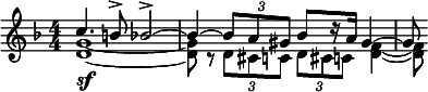  \relative c'' { \clef treble \key d \minor \numericTimeSignature \time 4/4 << { c4. b8-> bes2->~ | bes4~ \times 2/3 { bes8 a gis } bes8[ r16 a] gis4~ | gis8 } \\ { <g d>1~\sf | <g d>8 r \times 2/3 { d8 cis c } \times 2/3 { d cis c } <f d>4~ | <f d>8 } >> } 