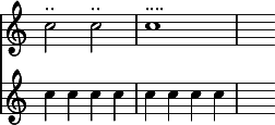 
\relative c'' << { \override Score.TimeSignature #'stencil = ##f } \time 4/4 \new staff { c2^\markup { .. } c2^\markup { .. } | c1^\markup { .... } | s2 } \new staff { c4 c c c | c c c c | s2 } >>
