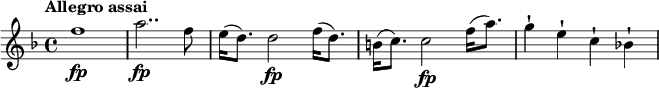 
\relative c'' {
  \tempo "Allegro assai"
  \key f \major
  f1\fp |
  a2..\fp f8 |
  e16 (d8.) d2\fp f16 (d8.) |
  b16 (c8.) c2\fp f16 (a8.) |
  g4-| e-| c-| bes!-| |
}
