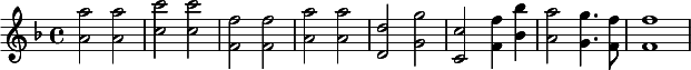 {\set Staff.midiInstrument = #"celesta" \key f \major <a' a''>2 <a' a''> <c'' c'''> <c'' c'''> <f' f''> <f' f''> <a' a''> <a' a''> <d' d''> <g' g''> <c' c''> <f' f''>4 ~ <bes' bes''> <a' a''>2 ~ <g' g''>4. <f' f''>8 <f' f''>1}