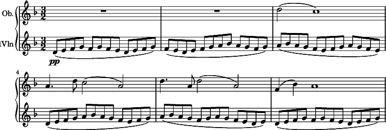  { \new PianoStaff << \new Staff \relative c' { \set Staff.instrumentName = #"Ob." \clef treble \key d \minor \time 3/2 R1. | R1. | d'2( c1) | a4. d8 c2( a) | d4. a8 d2( a) | f4( bes) a1 } \new Staff \relative c' { \set Staff.instrumentName = #"1Vln" \clef treble \key d \minor \time 3/2 d8(\pp e f g f g f e d e f g) | f( e d e f g a bes a g f g) | a( bes a g f e f g a g f e) | d( e f g a bes a g f e f g) | a( bes a g f g a g f e d e) | d( e f g f g f e d e f g) } >> } 