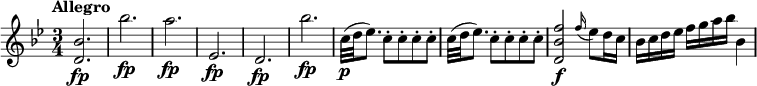 
\relative c'' {
  \key bes \major
  \tempo "Allegro"
  \time 3/4
  <bes d,>2.\fp bes'\fp a\fp es,\fp d\fp bes''\fp c,32\p (d es8.) \repeat unfold 4 {c8-.} c32 (d es8.) \repeat unfold 4 {c8-.} <f bes, d,>2\f \grace f16(es8) d16 c bes c d es f g a bes bes,4
}
