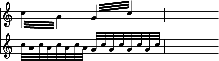 
\relative c'' << { \override Score.TimeSignature #'stencil = ##f } \time 2/4 \new staff { \repeat tremolo 4 { c32 a } \repeat tremolo 4 { g32 c } | s4 } \new staff { c32 a c a c a c a g c g c g c g c | s4 } >>
