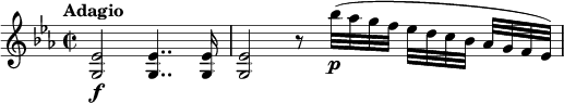 
\relative c' {
  \key es \major
  \tempo "Adagio"
  \time 2/2
  <es g,>2\f q4.. q16 |
  q2 r8 bes''32\p( as g f es d c bes as[ g f es]) |
}
